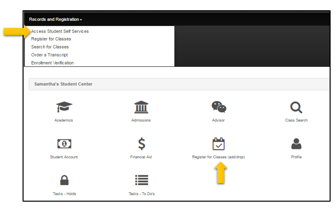 Student center menu in the myUCCS portal with register for classes button highlighted. Decorative image only.