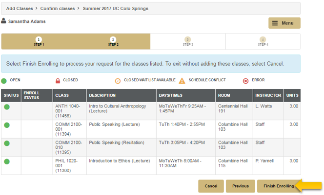 Confirm classes menu in the myUCCS portal with the finish enrolling button highlighted. Decorative imagine only.