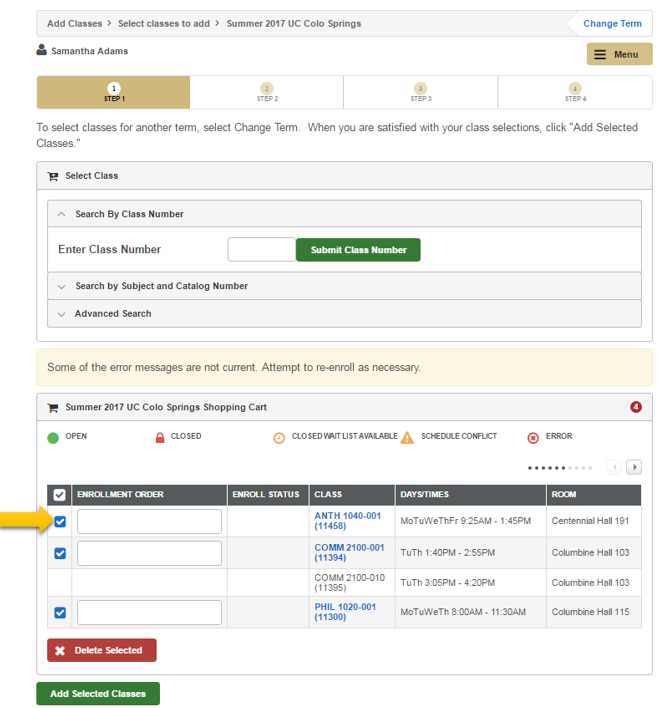 Shopping cart menu in the myUCCS portal with example courses highlighted. Decorative imagine only.