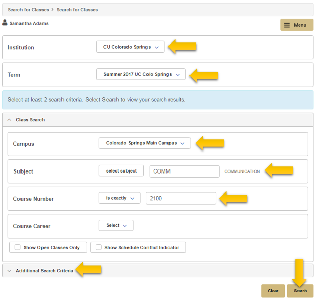 Search for classes menu in the myUCCS portal with example course input. Decorative image only.