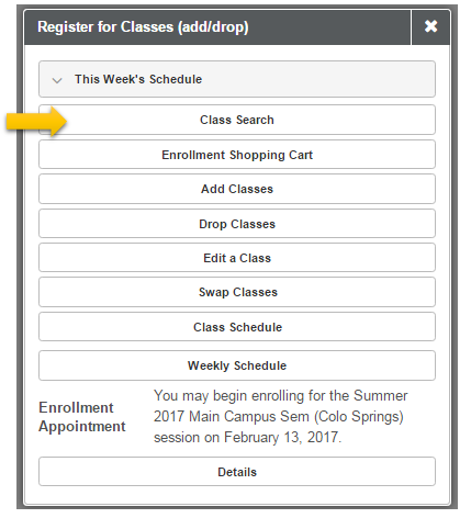Register for classes menu in the myUCCS portal with the class search option highlighted. Decorative image only.