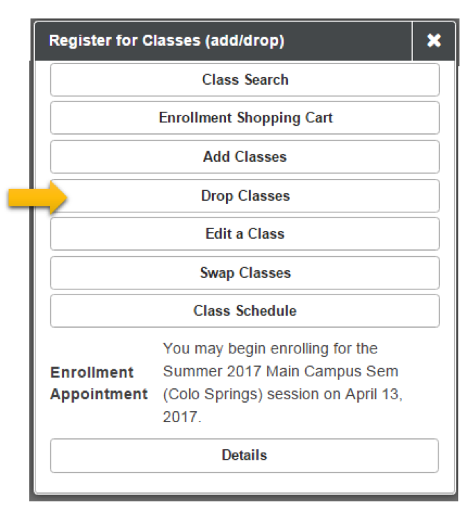 Register for classes menu in the myUCCS portal with drop classes highlighted. Decorative image only.