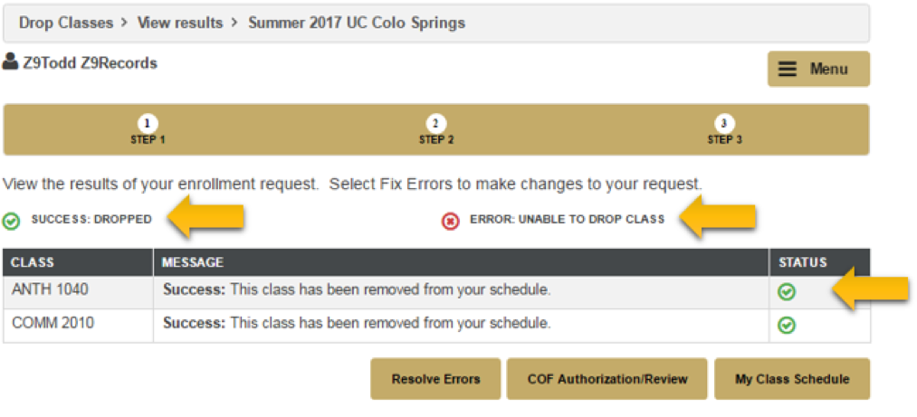 Dropped classes confirmation screen. Decorative image only.