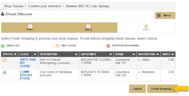 Class drop confirmation selection menu in the myUCCS portal with finishing dropping button highlighted. Decorative image only.