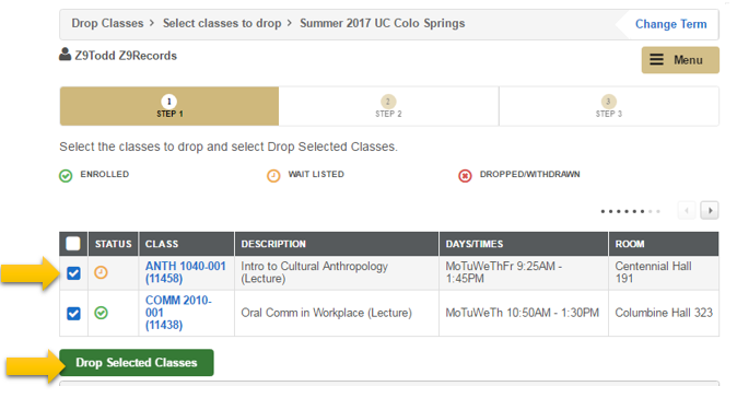 Class drop menu in the myUCCS portal with example classes selected. Decorative image only.