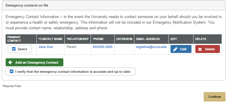 Emergency contacts on file preregistration menu in the myUCCS portal showing an example entry. Decorative imagine only.