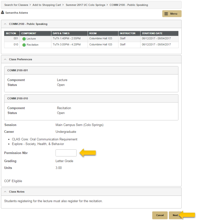 Search for classes menu in the myUCCS portal with search result of COMM 2100 Public Speaking class preferences drop down showing. Decorative image only.