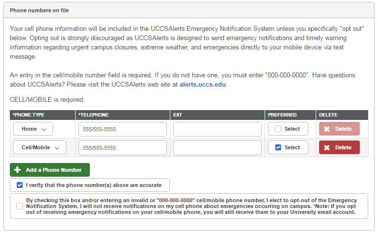 Phone numbers on file preregistration menu in the myUCCS portal showing example phone numbers entered. Decorative imagine only. 