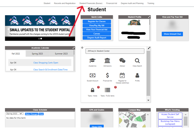 Arrow pointing to Student Financials tab in myUCCS Portal