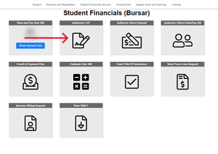 Arrow pointing to Authorize COF tile in myUCCS Portal