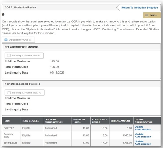 COF Authorization/Review Summary in myUCCS Portal
