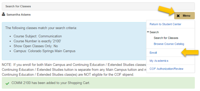Search for classes screen in the myUCCS portal with dropdown menu and enroll option highlighted. Decorative imagine only.