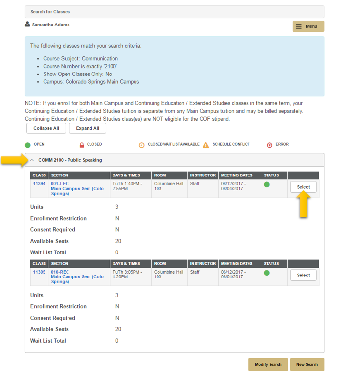 Search for classes menu in the myUCCS portal with search result showing COMM 2100 Public Speaing. Decorative image only.