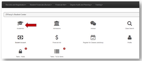 Arrow highlighting Academics in the myUCCS portal