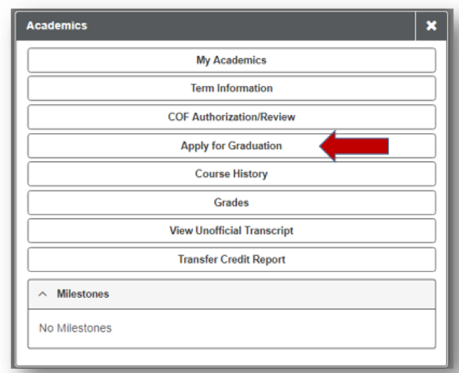 Arrow highlighting Apply to Graduate under Academics in the myUCCS portal