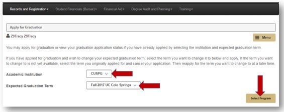 Institution and expected graduation term dropdowns selected