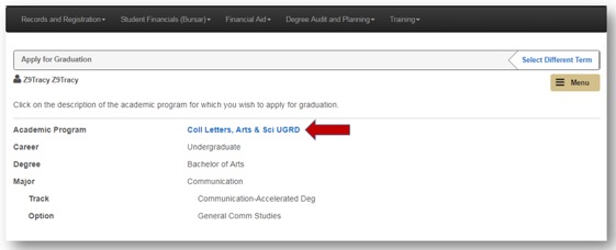 Selecting the highlighted academic program