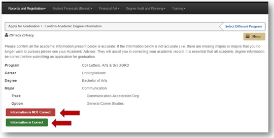 Selecting either Information is NOT correct or Information is Correct