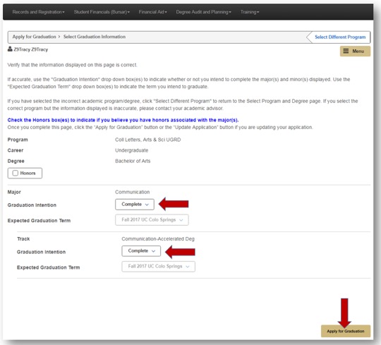 Selecting Complete option for major and track