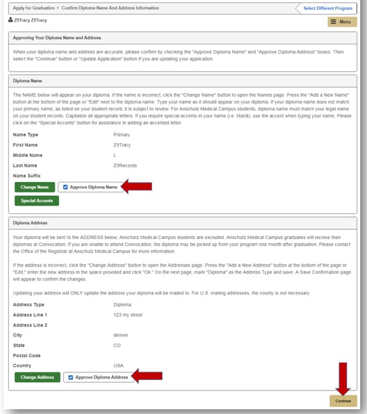Approving diploma name and address